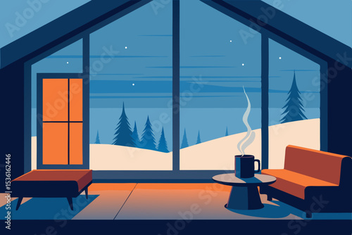 snowbound cabin living room with steaming mugs 