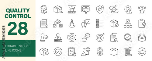 Quality control icon set. Containing evaluation, inspection, product, certificate, quality check, defect, assurance, process, testing and more. Editable line icons. Vector illustration.