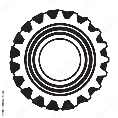 A bold black and white silhouette of a detailed gear element representing technology and industry components.