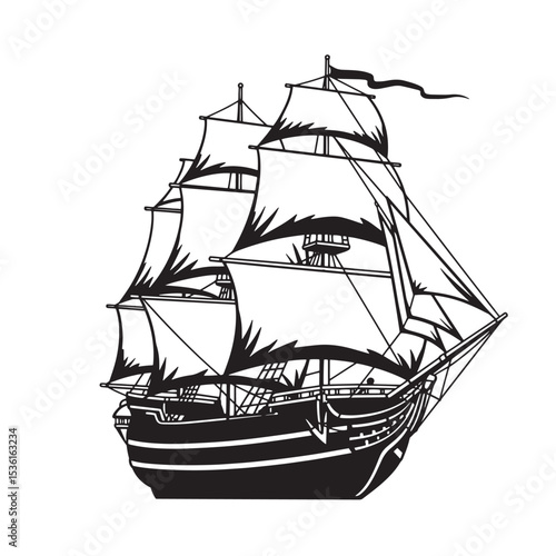 A bold vector silhouette illustration of a majestic sailing ship with billowing sails in an elegant black and white design.