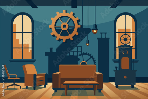 steam powered clocktower living room with turning 