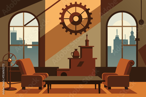 steam powered clocktower living room with turning .svg