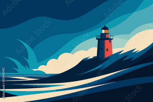 stormy sea with crashing waves and a distant light 