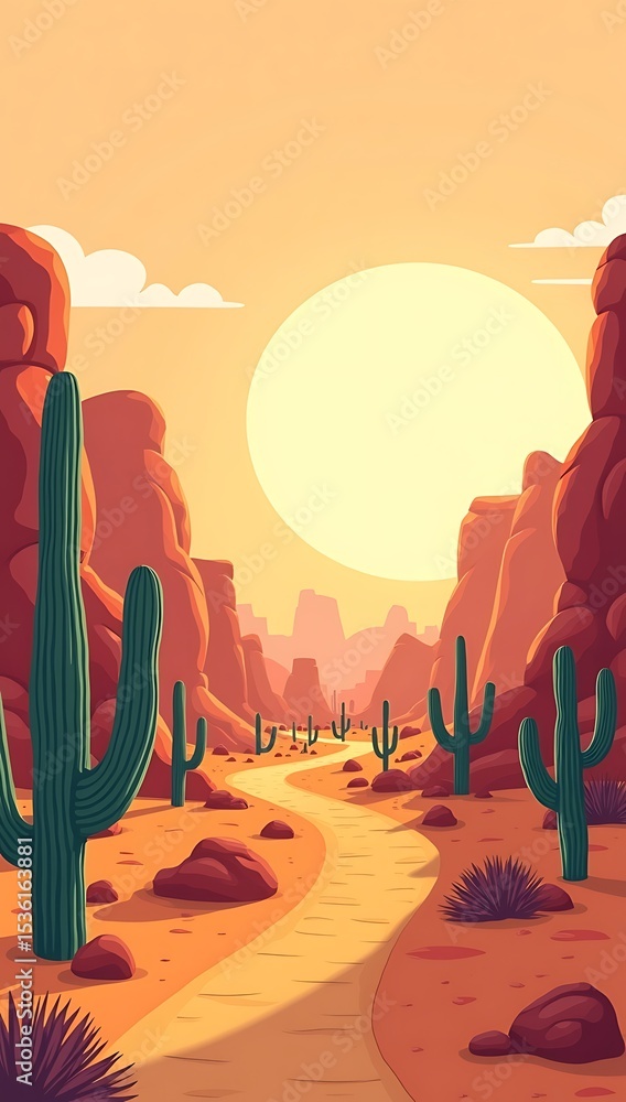 Naklejka premium Desert cartoon landscape with cacti, rock formations, and orange sky. Side-scrolling loop with parallax layers for animated video or game scene.