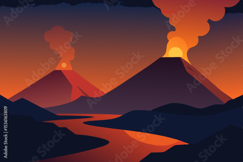 stylized volcanic landscape with glowing lava 