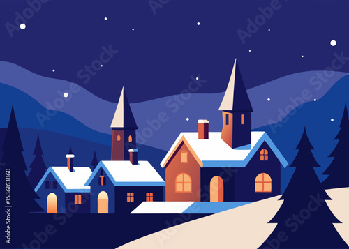 stylized winter village with snowy rooftops  