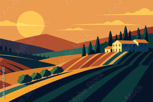 sun drenched vineyard on a hillside with rows 