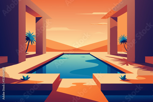 sunken desert oasis living room with water channel 