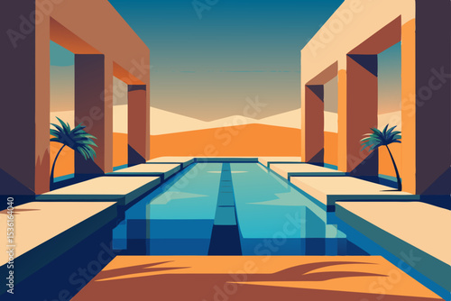 sunken desert oasis living room with water channel.svg