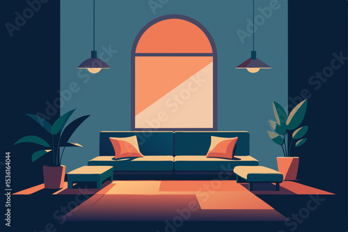 sunken living room with soft cushions  warm lighti