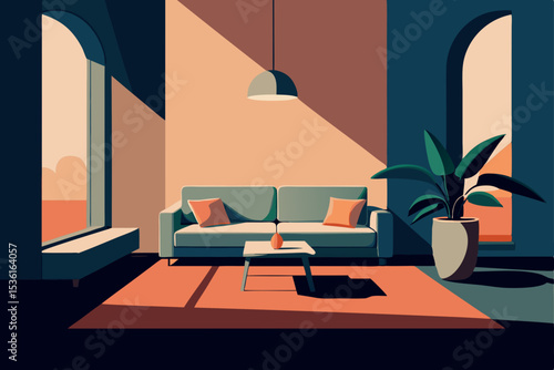 sunken living room with soft cushions  warm lighti.svg