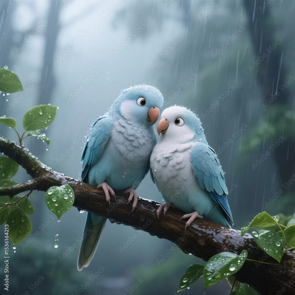 Obraz premium parrots in love sitting on a branch in the rain