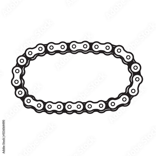 Black and white illustration of a bicycle chain arranged in a stylized oval shape with detailed design elements and silhouette