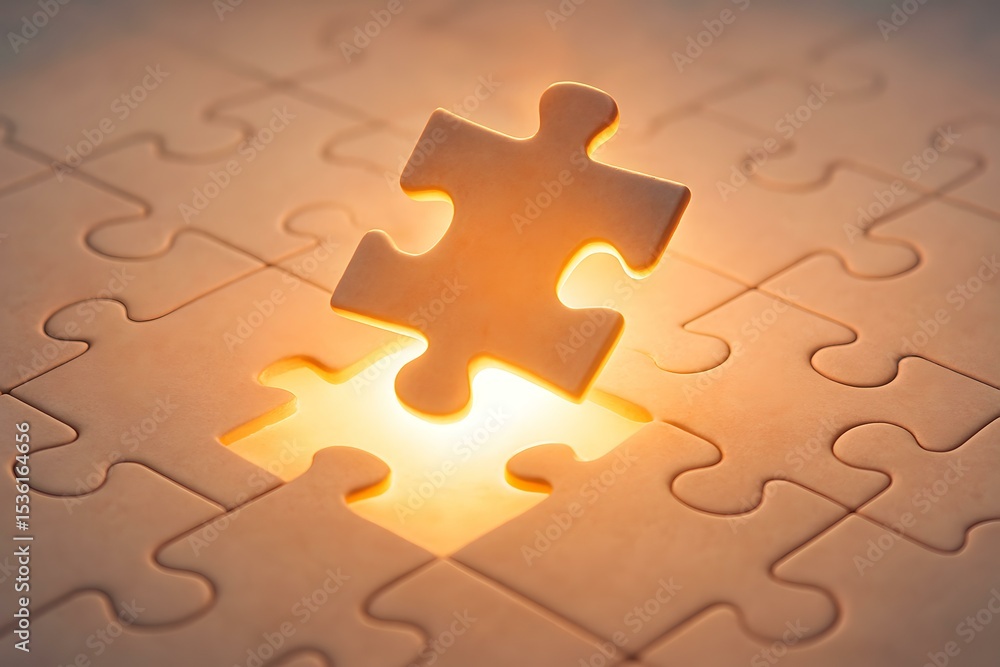 Fototapeta premium Glowing Puzzle Piece Illuminating a Simple Background, Symbolizing Completion and Connection in Abstract Artistry