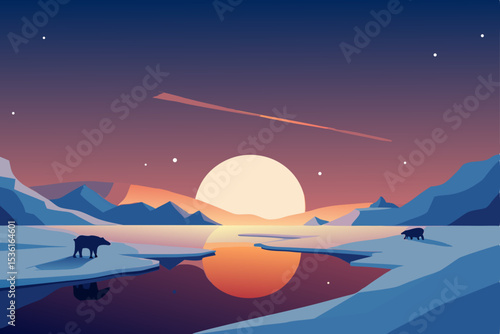 sunset over icy tundra with glowing snow and polar 