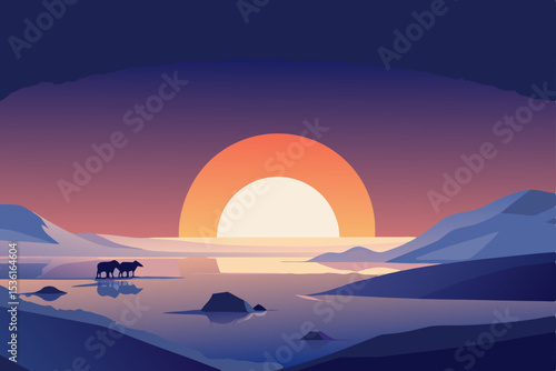 sunset over icy tundra with glowing snow and polar.svg