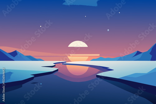 sunset over an icy tundra with glowing reflections