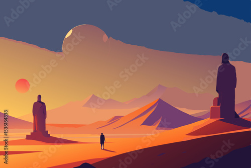 surreal desertscape with giant sculptures and two  