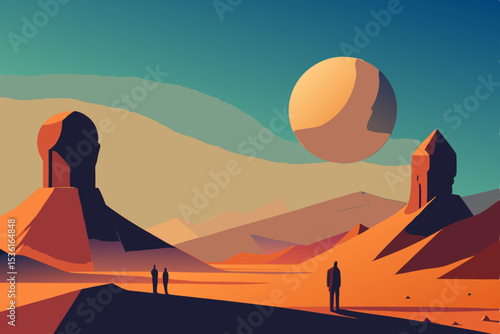 surreal desertscape with giant sculptures and two .svg