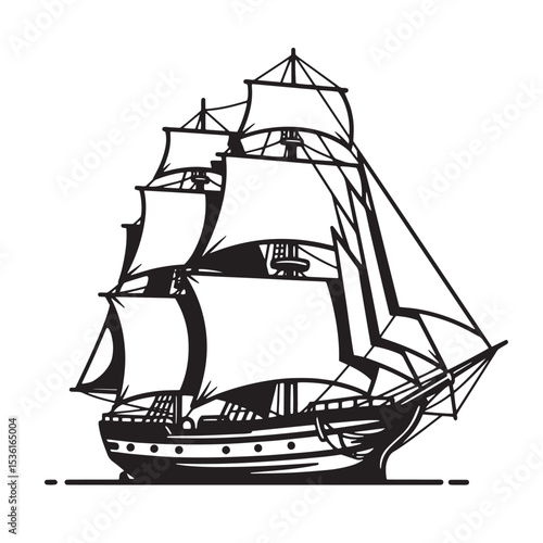 Classic sailing ship silhouette illustration depicting an antique boat with detailed sails and rigging isolated on a white background