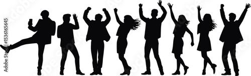 Silhouette of people celebrating, dancing, having fun, jumping, taking selfies, cheerful group pose, party mood, vector illustration, isolated background