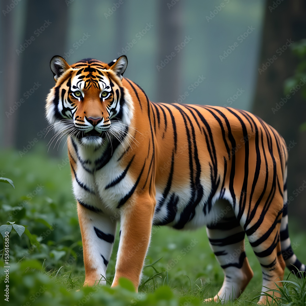 Fototapeta premium Tiger Walking Through Forest with Orange and Black Stripes