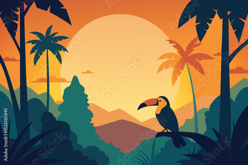 tropical jungle at golden hour with toucans perche 