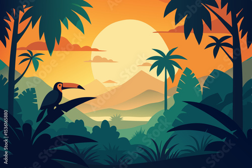 tropical jungle at golden hour with toucans perche.svg