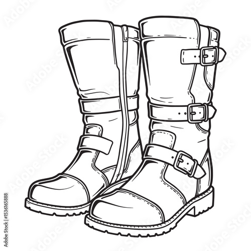 Detailed hand-drawn silhouette illustration of motorcycle boots with buckles zipper and rugged outsole showing classic biker style footwear