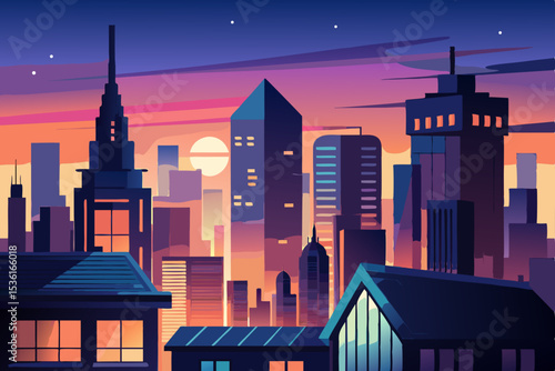 twilight cityscape with silhouetted buildings 