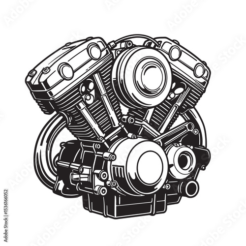 Detailed silhouette black and white vector illustration of a powerful motorcycle engine perfect for design and transportation concepts