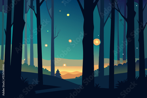 twilight forest with fireflies dancing between 