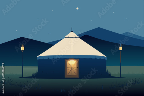 twilight meadow yurt living room with soft grass 