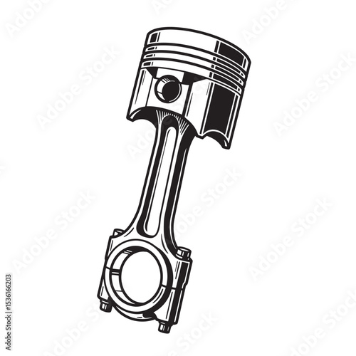 Detailed silhouette illustration of a piston and connecting rod component representing automotive engine mechanics and engineering