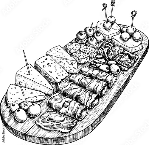 vector illustration of charcuterie board with cheese, appetizer, ham, olives, restaurant, tapas, spanish food
