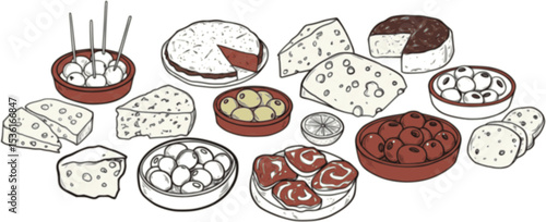 vector illustration of charcuterie board with cheese, appetizer, ham, olives, restaurant, tapas, spanish food
