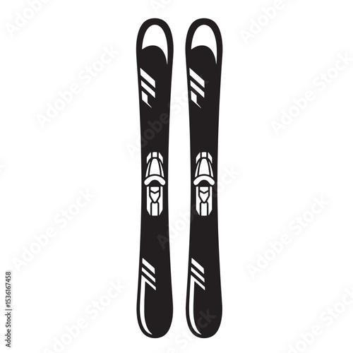 Sleek black and white silhouette depiction of downhill skis featuring bindings ready for winter sports activities.