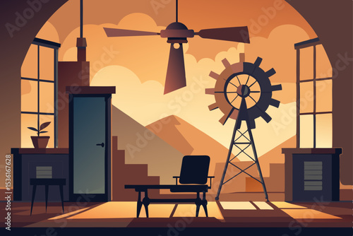 windmill tower living room with exposed gears  woo