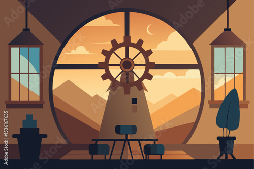 windmill tower living room with exposed gears  woo.svg