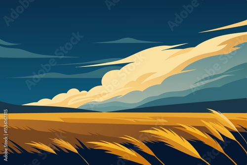 windswept prairie with golden grass and distant 