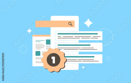 Search ranking and featured snippets in AI-powered search with zero-click results. Programmatic SEO strategy and top position in SGE environment. Clean wide search ranking flat vector illustration