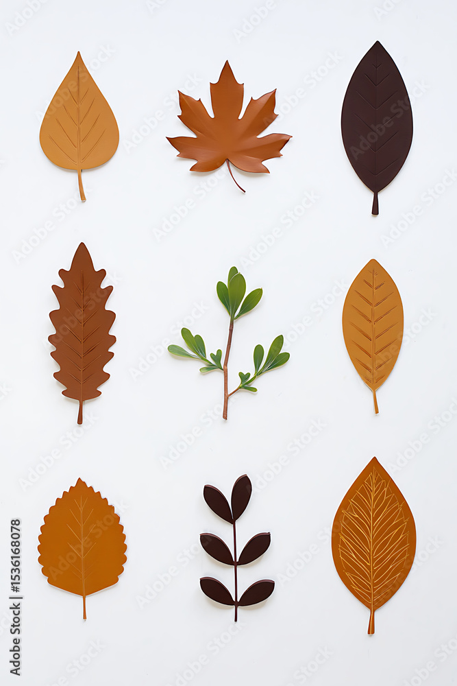 Obraz premium Nine Autumn Leaves and Branch Flatlay White Background