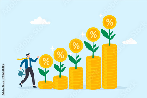 Illustrative vector of growing money stacks with percentage flowers a businessman tends to, ideal for financial growth investment concepts, websites, and presentations.