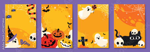 Happy Halloween poster vector set. cute collection spooky ghost, pumpkin, bat, candy, moon, skull, spider, cat. Illustration halloween festival for decoration, prints, website, promotion, ads.