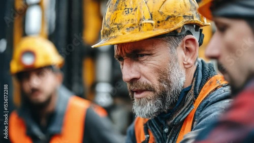 Wallpaper Mural The Architect of industry: A weathered worker, donning a worn helmet, immerses himself in an earnest discussion amidst his industry peers, demonstrating focused determination and shared expertise. Torontodigital.ca