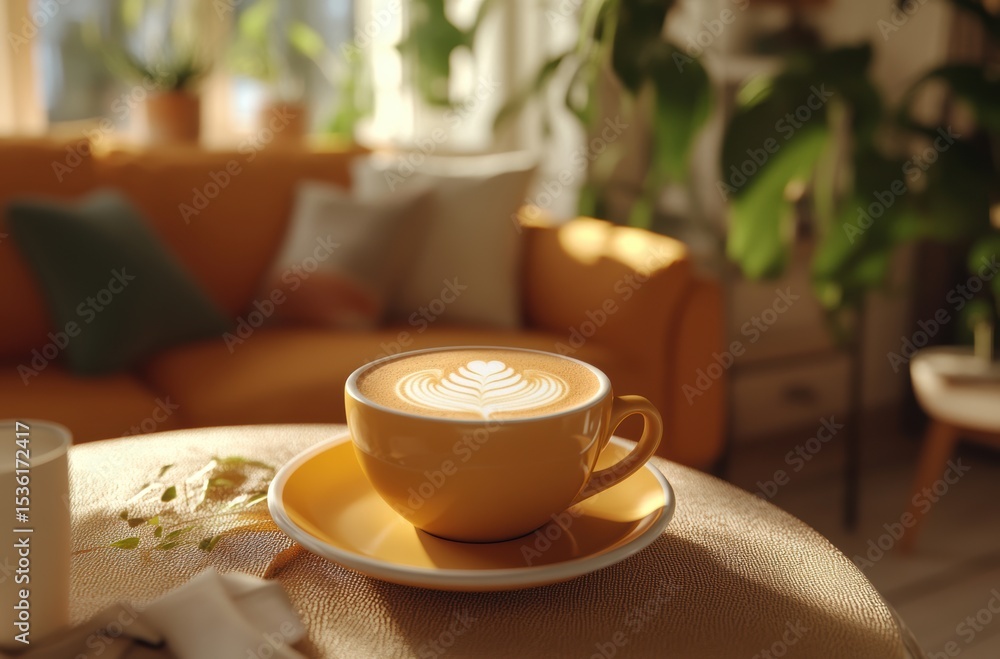 Obraz premium Warm cozy coffee scene with a perfectly made cappuccino in a stylish cup, 