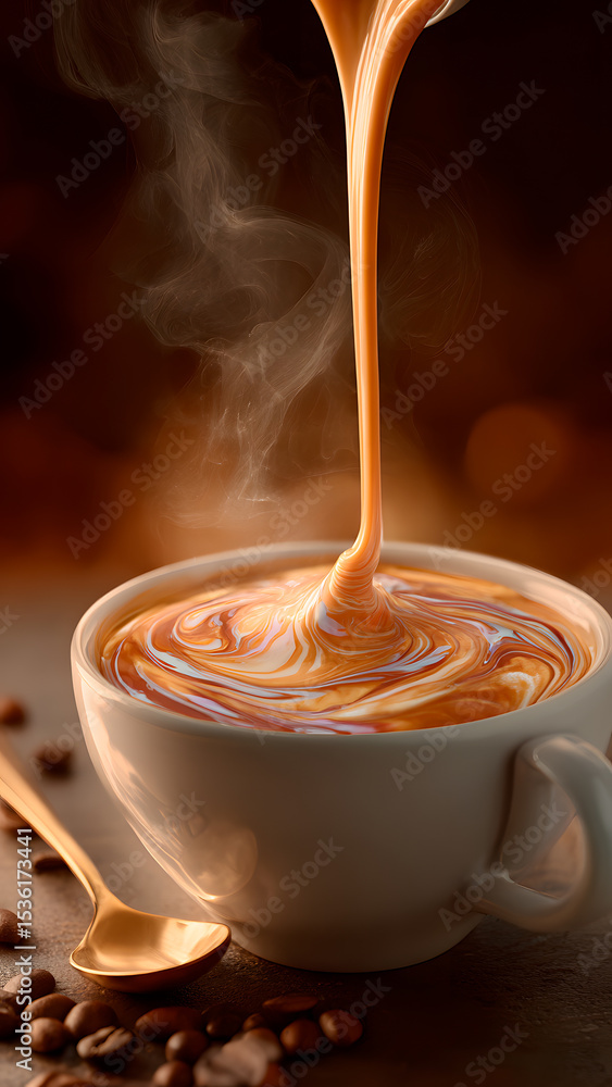 Cream Swirling into Hot Coffee in Elegant Ceramic Cup.
Cream Swirling into Hot Coffee in Elegant Ceramic Cup.