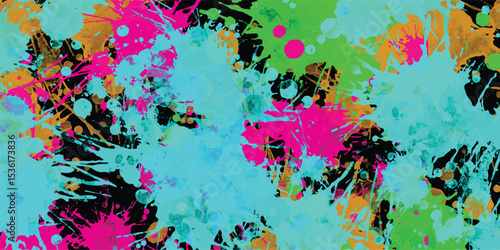 Vibrant abstract paint splatter background in bright hues expressing energy and creativity against black in a dynamic modern design