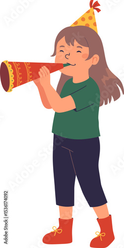 Girl Blowing Horn at New Year Party

