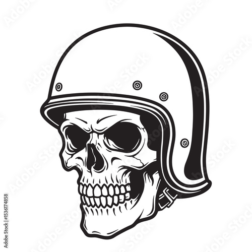Intricate vector illustration featuring a skeletal skull wearing a classic motorcycle helmet, rendered in a bold monochrome style with a striking silhouette.